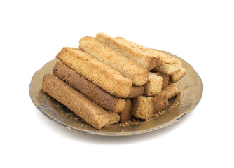 Indian Bakery Food Tea Time Sweet Dry Toast Snack Also Know As Indian Toast Snack, Toasted, Bread, Long Toast, Mawa Toast isolated on White Background