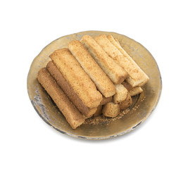 Indian Bakery Food Tea Time Sweet Dry Toast Snack Also Know As Indian Toast Snack, Toasted, Bread, Long Toast, Mawa Toast isolated on White Background