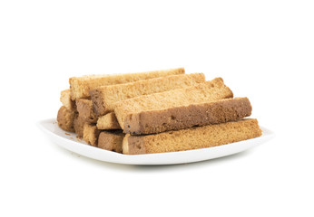 Indian Bakery Food Tea Time Sweet Dry Toast Snack Also Know As Indian Toast Snack, Toasted, Bread, Long Toast, Mawa Toast isolated on White Background
