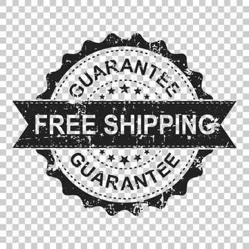 Free shipping scratch grunge rubber stamp. Vector illustration on isolated transparent background. Business concept guarantee free delivery stamp pictogram.