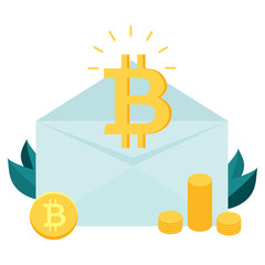 Bitcoin inside the envelope. Piles of golden bitcoins.