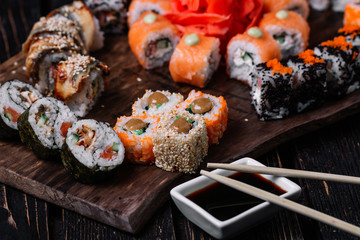 sushi large set on wood background