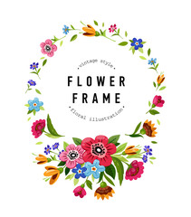 Round flower frame. Template for invitation, greeting card, cover, notebook. Colorful summer flower wreath