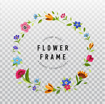 Floral wreath on transparent background.Flower frame for greeting card, wedding invitation.Colorful spring flower wreath
