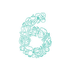 The letter number six or 6, in alphabet Vegetable pattern set illustration kids hand drawing concept design green color, isolated on white background, vector eps 10
