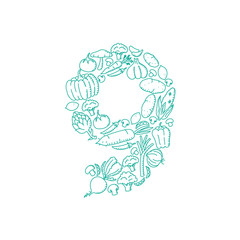 The letter number nine or 9, in alphabet Vegetable pattern set illustration kids hand drawing concept design green color, isolated on white background, vector eps 10