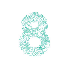 The letter number eight or 8, in alphabet Vegetable pattern set illustration kids hand drawing concept design green color, isolated on white background, vector eps 10
