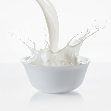 Milk pouring with splashes in white bowl on white background