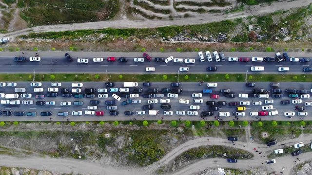 Aerial view of the traffic jam on highway because of accident