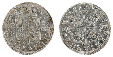 Ancient Spanish silver coin of the King Carlos III. 1770. Coined in Sevilla. 1 real.
