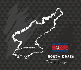 North Korea map, vector pen drawing on black background