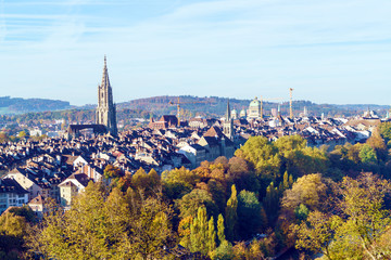 Obraz premium Aerial view of city with Minster gothic cathedral, Bern, Switzerland