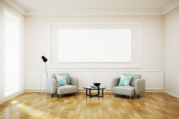 Bright white living-room with banner