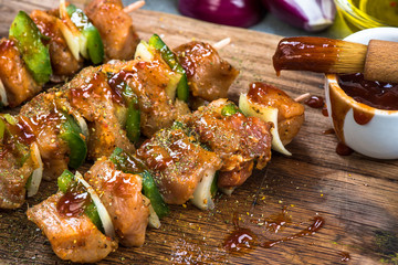 Mixed skewers with spieces and glaze