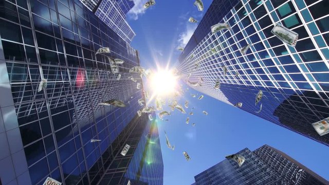 3D animation of business concept, which symbolize a corporate success and prosperity. Banknotes of 100 Dollars currency is falling from financial skyscrapers buildings into the stock market, full hd