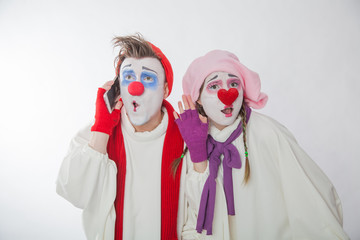 mime boy and mime girl doing selfie on a modern phone. Human emotions