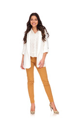 happy businesswoman standing on white background