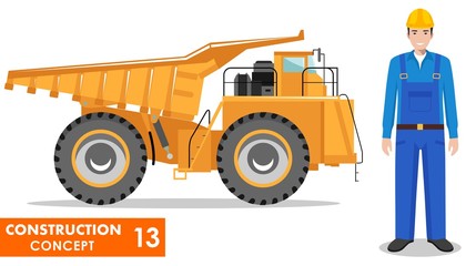 Worker concept. Detailed illustration of workman, driver, miner, builder and off-highway truck in flat style on white background. Heavy mining machine and construction equipment. Vector illustration.