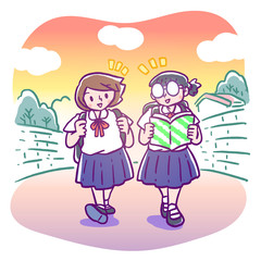Vector illustration of two elementary schoolgirls chatting while walking home after school in the evening, one girl with glasses reading the book