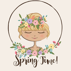 Spring Time - Girl With Flower Crown Illustration - vector eps10