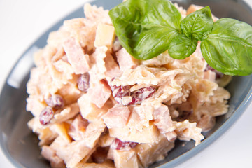 Pasta salad with cheese, ham, kidney beans and mayonnaise