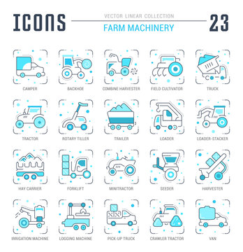 Set Blue Line Icons of Farm Machinery.