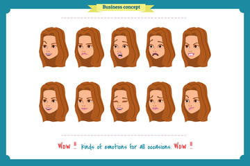 Set of woman expression isolated.Young housewife emotion portraits.Isolated on white.Cute woman emotional female head illustration. vector face girl, sad, smiling.Businesswoman character.