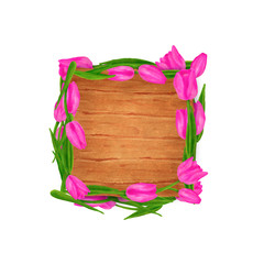 Hand drawn wood frame, label or banner with tulips flower. Beautiful garden plants in sketch style for design greeting card, package, textile. Cartoon illustration isolated on white background.