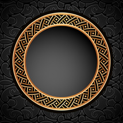 Vintage gold round frame on black ornamental background