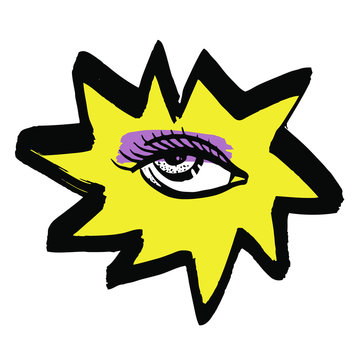Vector hand drawn ink illustration with woman eye and flash. Black and yellow on white background. Design for prints, textile, posters and web in beauty industry