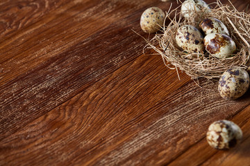 Conceptual still-life with quail eggs in hay nest over dark wooden background, close up, selective focus