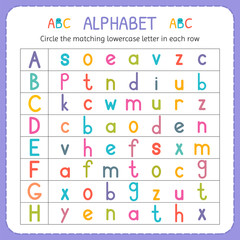 Circle the matching lowercase letter in each row. From A to H. Worksheet for kindergarten and preschool. Exercises for children