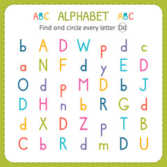Find and circle every letter D. Worksheet for kindergarten and preschool. Exercises for children