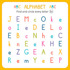 Find and circle every letter E. Worksheet for kindergarten and preschool. Exercises for children