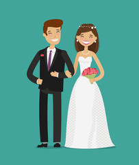Happy newlyweds or bride and groom. Wedding cartoon vector illustration