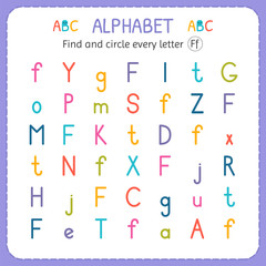 Find and circle every letter F. Worksheet for kindergarten and preschool. Exercises for children