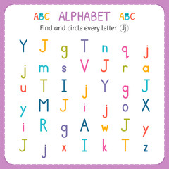 Fototapeta na wymiar Find and circle every letter J. Worksheet for kindergarten and preschool. Exercises for children