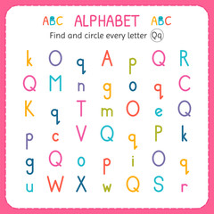 Find and circle every letter Q. Worksheet for kindergarten and preschool. Exercises for children