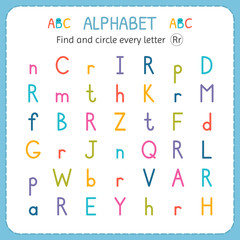 Find and circle every letter R. Worksheet for kindergarten and preschool. Exercises for children