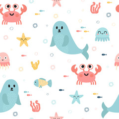 Seamless pattern with sea animals. Fish, starfish, jellyfish, seaweeds and seal. Childish texture for fabric or textile. Kids background