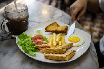 Breakfast set with meal and iced coffe set