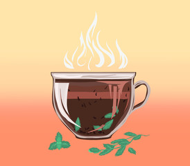 Black leafy herbal tea in cup of cinnamon and mint. Fragrant tasty morning drink with beneficial properties for cleansing detoxifying body, for peace of mind. Vector flat cozy illustration.