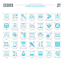 Set Blue Line Icons of Garage and Car Service.