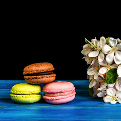 Fototapeta na wymiar Multicolored macaroons and cup decorated with white flowers of apple trees on a blue wooden background. Square.