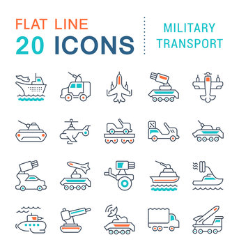 Set Vector Line Icons of Military Transport.