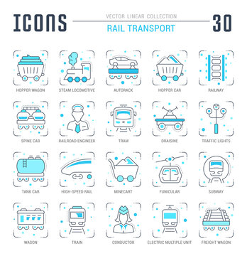 Set Blue Line Icons of Rail Transport.