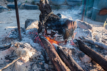 Burning wood with charcoal and flame