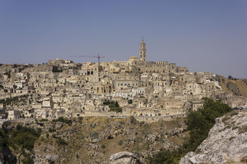 Overview of the historic city of Matera, european Capital of Culture in 2019, and its landscape