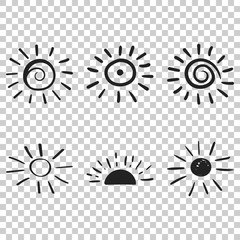 Hand drawn sun vector icon. Sun sketch doodle illustration. Handdrawn sunshine concept on isolated transparent background.