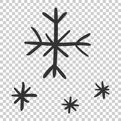 Hand drawn snowflake vector icon. Snow flake sketch doodle illustration. Handdrawn winter christmas concept on isolated transparent background.